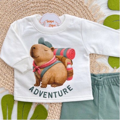 Conj. Casaco Capivara Adventure e Calça de Moletom - Off White e Verde